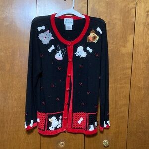 The Quacker Factory -Black Cardigan with Red Paw Prints and Dog Accents